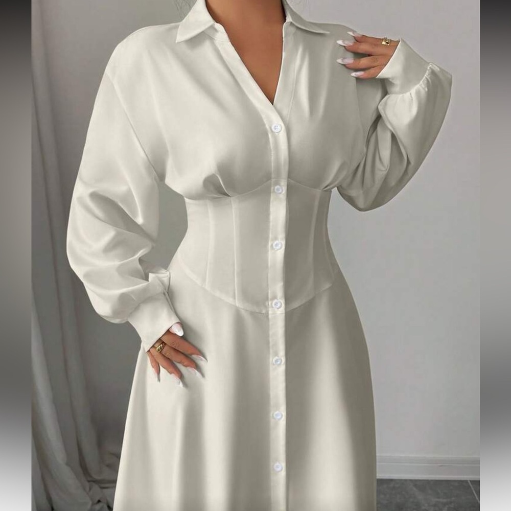 Cream Button-Front Maxi Shirt Dress with Corset Waist - Picture 4 of 4